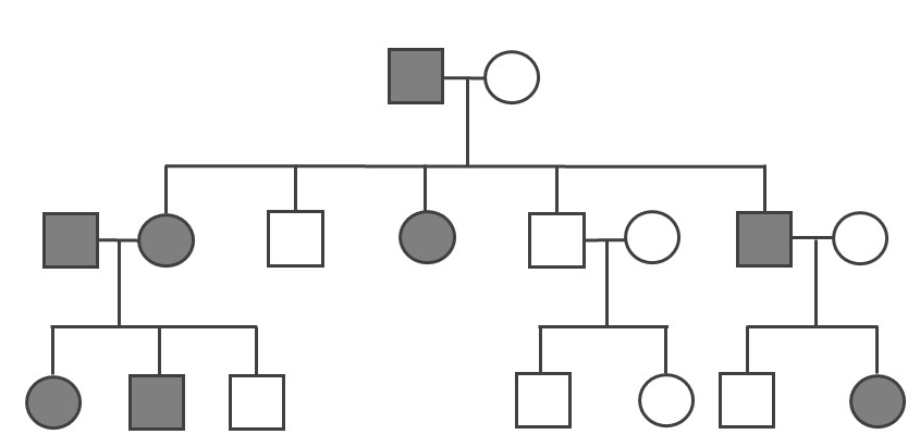 A three-generation pedigree depicting an example of recessive Mendelian inheritance like cystic fibrosis.