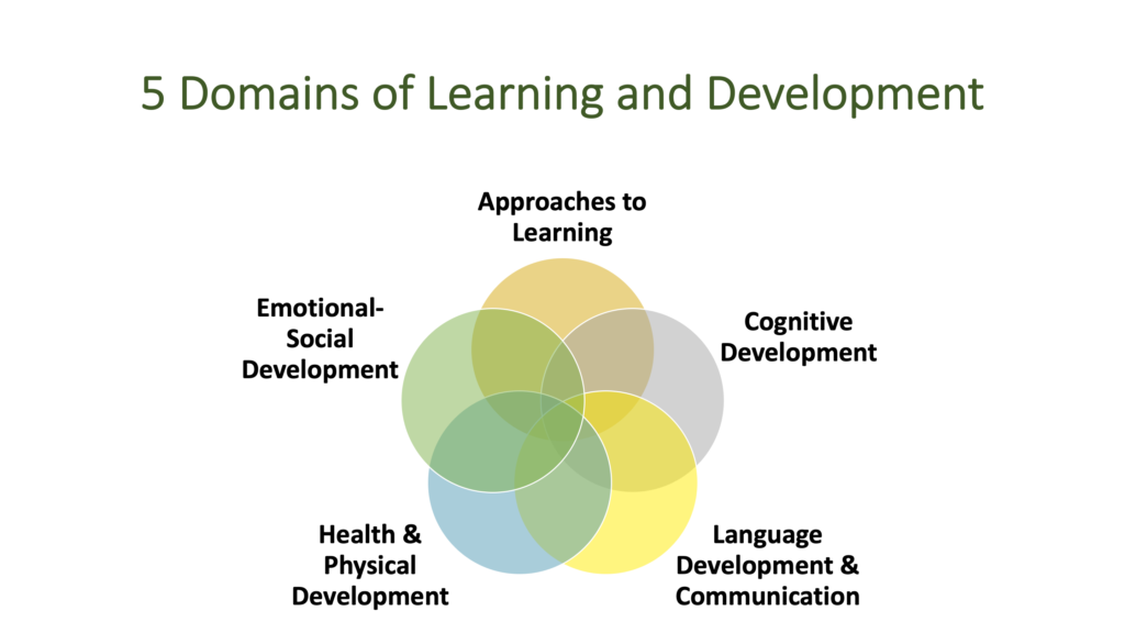 5 Dominios de Aprendizaje y Desarrollo Enfoques para el Aprendizaje Desarrollo Cognitivo Desarrollo del Lenguaje y Comunicación Salud y Desarrollo Físico Desarrollo Emocional-Social