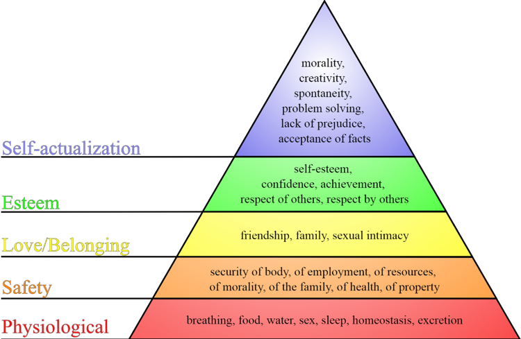 Maslow's shows a hierarchy with Self actualization on the top, to Esteem, to Love Belonging, Safety, and Physiological