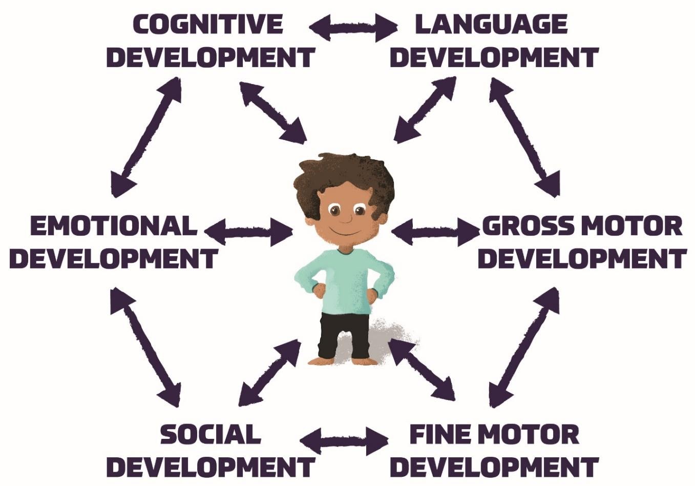 A boy is drawn surrounded by the followinng phrases: cognitive development, language development, gross motor development, fine motor development, social development, and emotional development. All these words, and the boy, are connected by arrows to demonstrate how they intersect. 