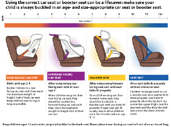 Una ilustración que muestra los diferentes tipos de asiento para el automóvil que un niño debe tener en función de su edad.
