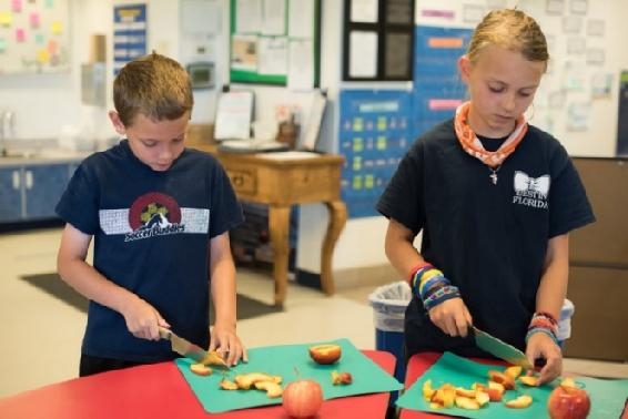 Kaden, 9 (left), and Mackenzie, 9 (right), chop apples during the Culinary Air Force Specialty Camp at the Child Development Center at Schriever Air Force Base, Colorado, July 15, 2019. During the camp children learned basic knife-handling techniques, helping them work on basic motor skills. (U.S. Air Force photo by 2nd Lt. Idalí Beltré Acevedo)