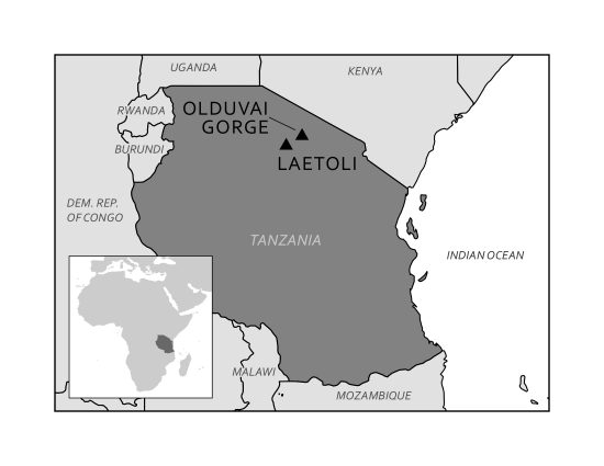 Map showing the location of Laetoli site in Tanzania, Africa, with Olduvai Gorge nearby.
