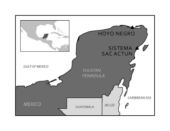  Map of Mexico showing the Yucatan Peninsula and the locations of Hoyo Negro and Sistema Sac Actun.
