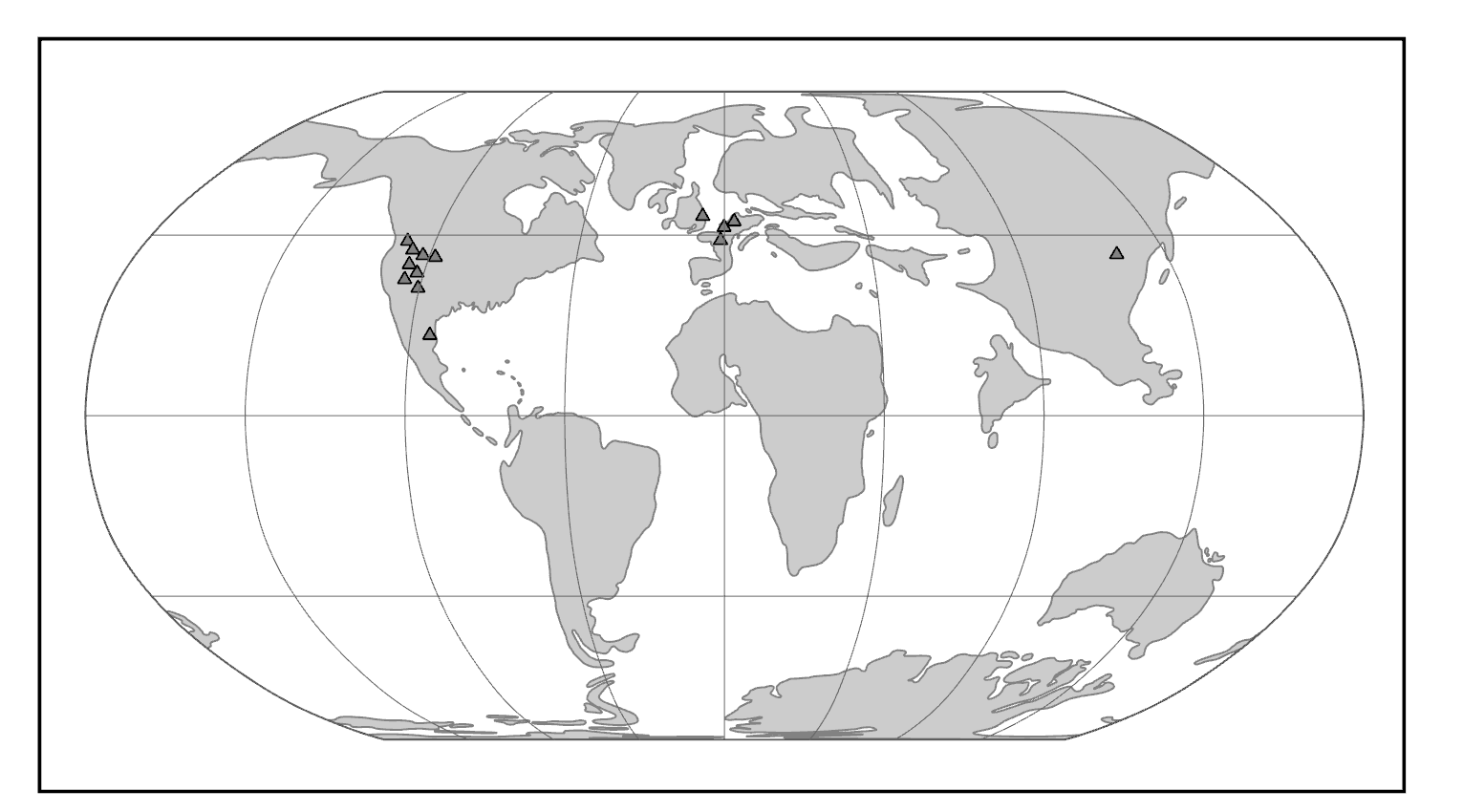 Map of the world in the Paleocene, highlighting plesiadapiform localities.