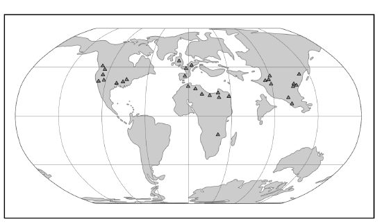 Map of the world in the Eocene, highlighting adapoid and omomyoid localities.
