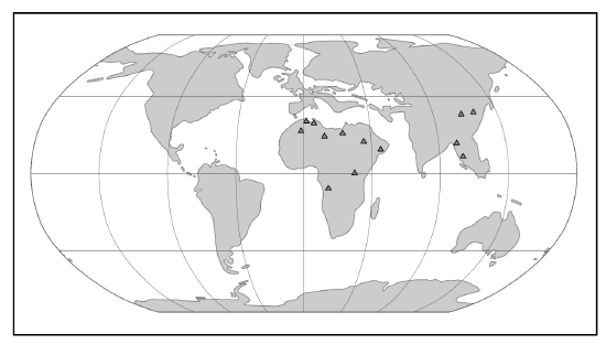 Map of key localities of early anthropoids. Note that the landmasses are in their current configuration.