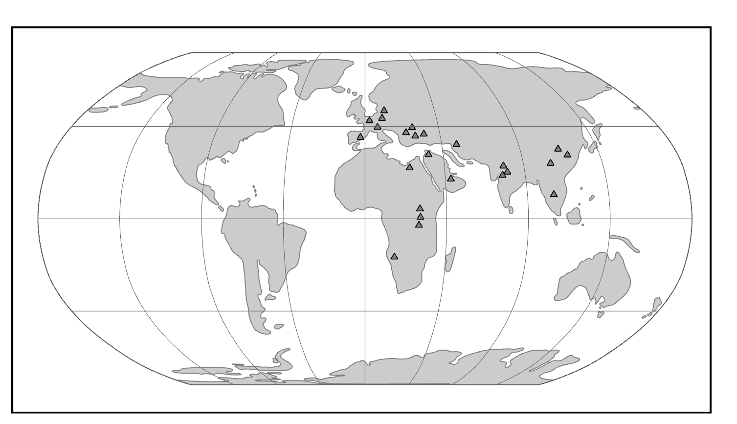 Map of the world in the Miocene, highlighting fossil ape localities.