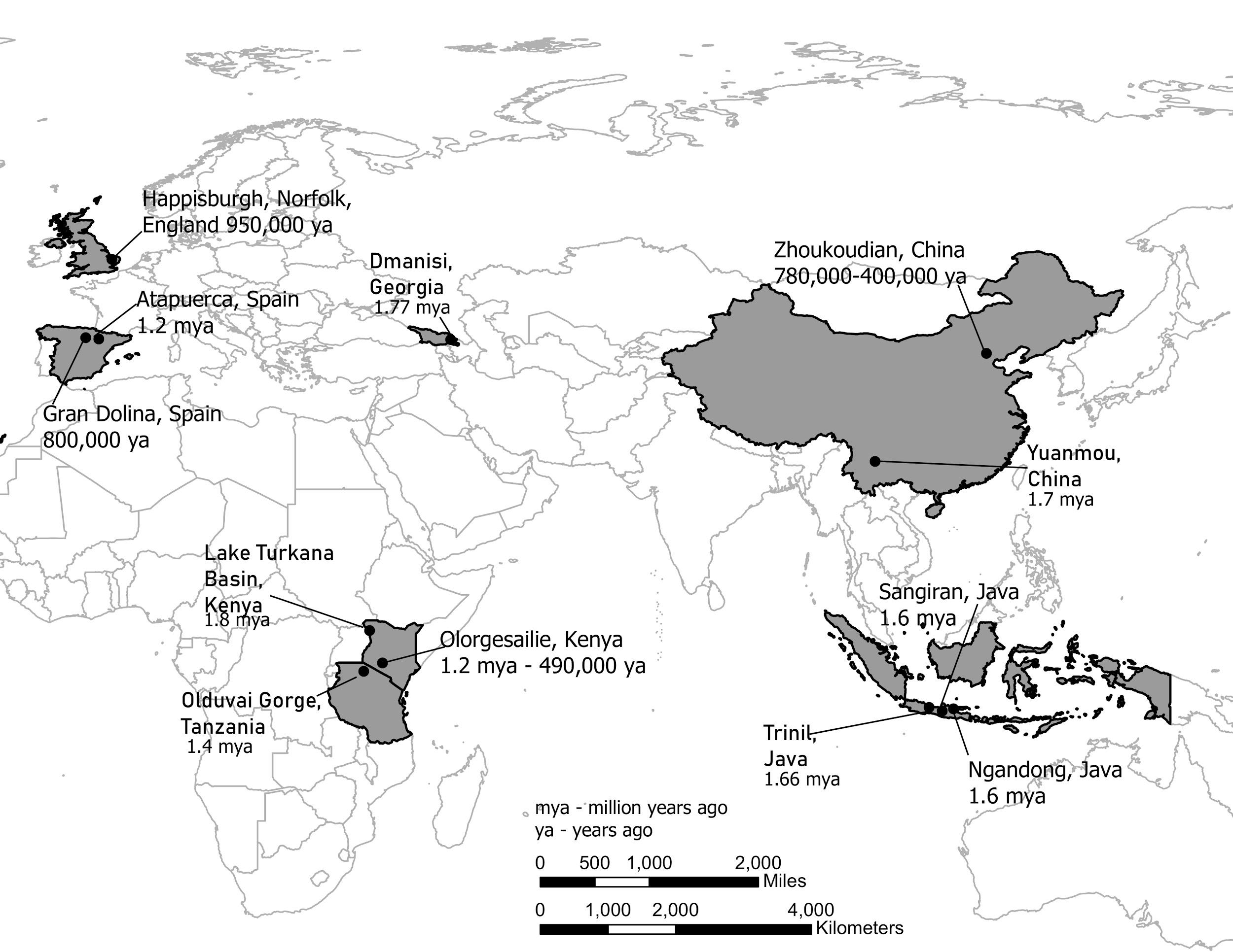 Map showing the locations of Homo erectus fossils around Africa and Eurasia.