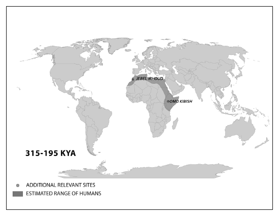 Map depicting the estimated range of modern Homo sapiens - 315 to195 kya.