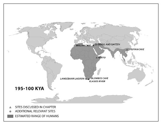 Map depicting the estimated range of modern Homo sapiens - 195 to 100 kya.