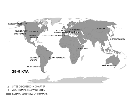 Map depicting the estimated range of modern Homo sapiens - 29 to 9 kya.