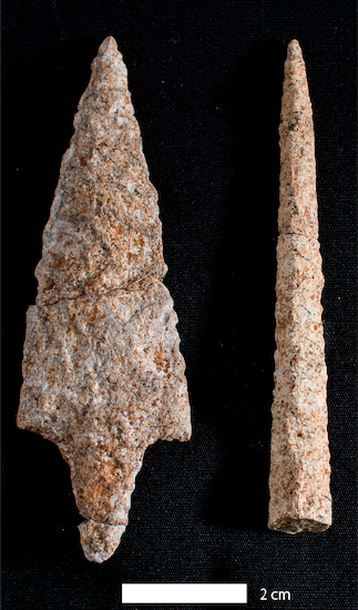 A stemmed point (left) and drill fragment (right) found in the same level at Monte Verde.