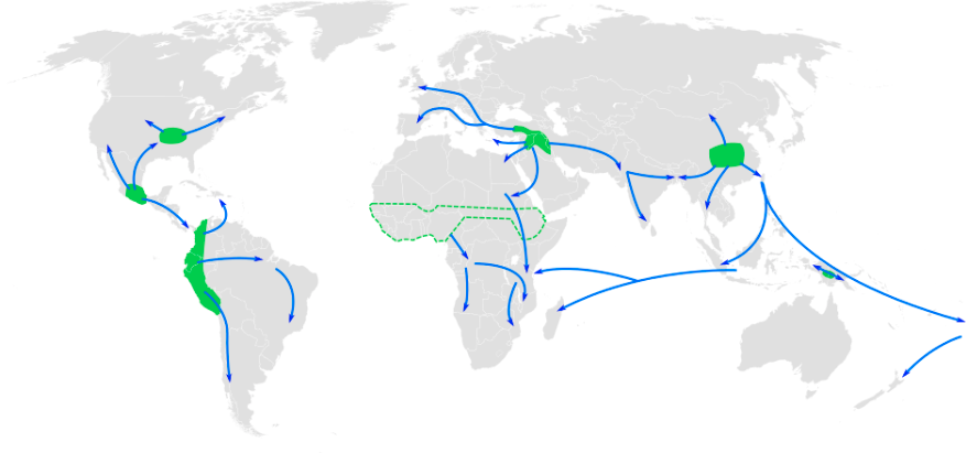 Map showing the areas where agriculture was independently invented around the world. 