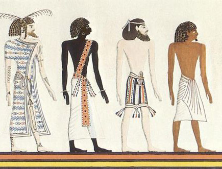 A painting depicting a Berber (Libyan), a Nubian, an Asiatic (Levantine), and an Egyptian, copied from a mural of the tomb of Seti I.