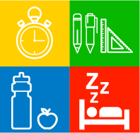Iconos: Reloj, lápiz, botella de agua con manzana, persona dormida