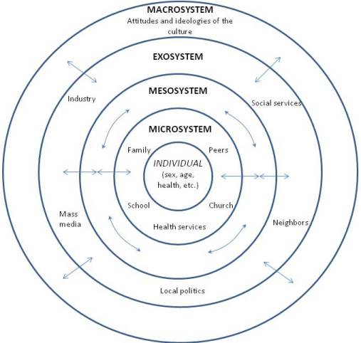 A pictorial representation of Bronfenbrenner's theory with the individual at the center of concentric circles representing the systems explained in the text. 
