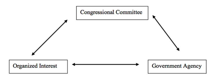 Triangular relationship between congressional committees, organized interests, and government agencies.
