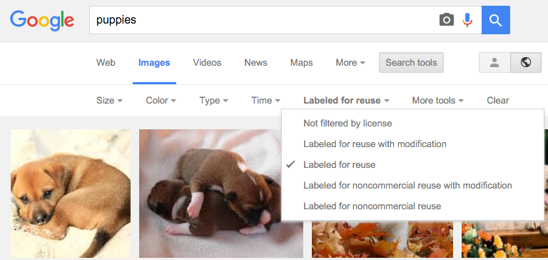 Google search results after clicking the IMAGES option. There is a drop down menu under Labeled for reuse that shows the 5 limiters for images labeled for reuse.