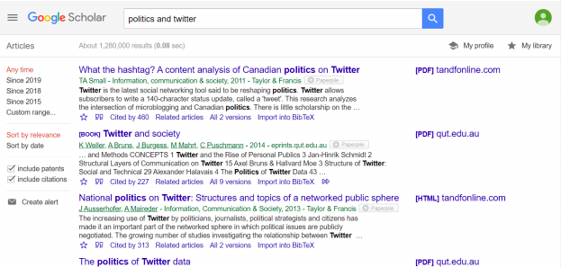 This image depicts the Google Scholar search results for "politics and twitter."