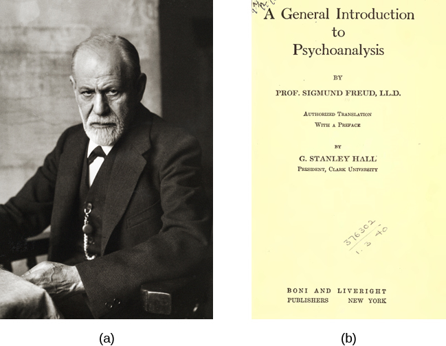 La fotografía A muestra Sigmund Freud. La imagen B muestra la portada de su libro, Una introducción general al psicoanálisis.