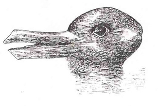 一幅模棱两可的画看起来像一只朝左的鸭子，但看起来也像朝右的兔子。