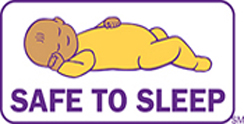 “Safe to Sleep” 活动徽标显示宝宝正在睡觉，上面写着 “可以安全入睡” 字样。
