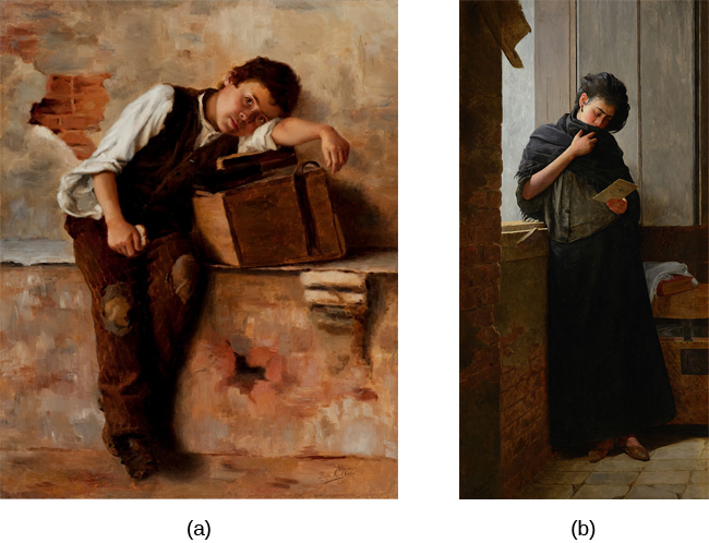 La fotografía A muestra una pintura de una persona apoyada contra una repisa, desplomada de lado sobre una caja. La fotografía B muestra una pintura de una persona leyendo junto a una ventana.