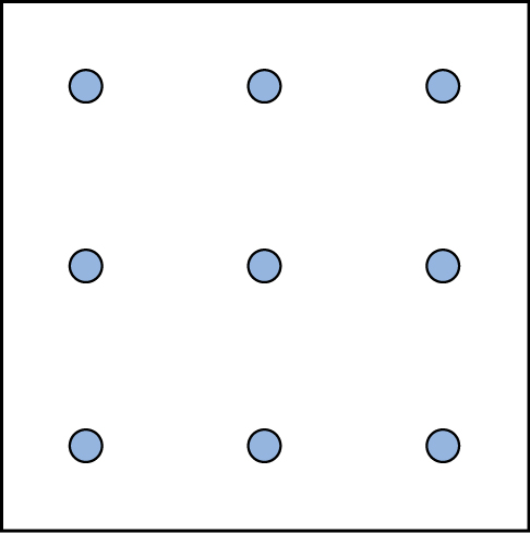 A square shaped outline contains three rows and three columns of dots with equal space between them.