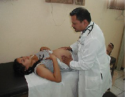 امرأة حامل مستلقية على طاولة يفحصها الطبيب. يدي الطبيب على بطنها.