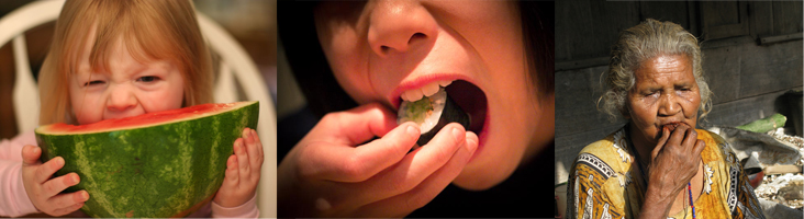 照片 “左” 显示一个孩子在吃西瓜。 照片 “中心” 显示一个年轻人在吃寿司。 照片 “右” 显示一位老人在吃食物。