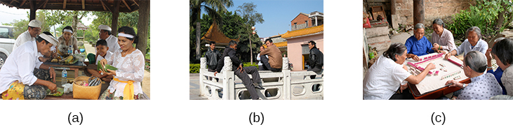 تُظهر ثلاث صور ثلاث مجموعات من الأشخاص: عائلة تعد وجبة، ومجموعة من الرجال يجلسون على الشرفة، ومجموعة من النساء يلعبن لعبة الماجونغ.