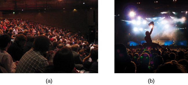 A fotografia A mostra pessoas sentadas em um auditório. A fotografia B mostra uma pessoa surfando na multidão.