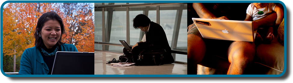 Se muestra un collage de fotografías a tres colores. De izquierda a derecha aparecen una persona frente a una computadora portátil sentada al aire libre, una persona sentada en el piso con una computadora portátil, y una persona sentada en el sofá con un niño pequeño y una computadora portátil.