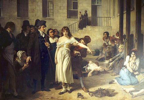 Una pintura, colocada dentro de un asilo, representa a una persona quitándole las cadenas a un paciente. Hay varias otras personas en la escena, pero el foco está en estos dos personajes.