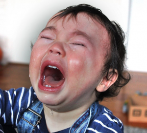 A red-faced toddler screams with tears streaming down their face.