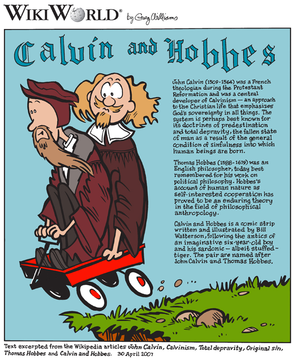 John Calvin and Thomas Hobbes drawn in a cartoon facsimile of the comic, Calvin and Hobbes.