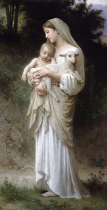 Pintura de una mujer sosteniendo a un bebé y un cordero, todos símbolos de inocencia