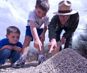A park ranger points at something at the ground while two children watch