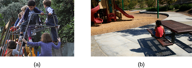 La fotografía A muestra a varios niños escalando en equipo de juegos infantiles. La fotografía B muestra a un niño sentado solo en una mesa mirando el patio de recreo.