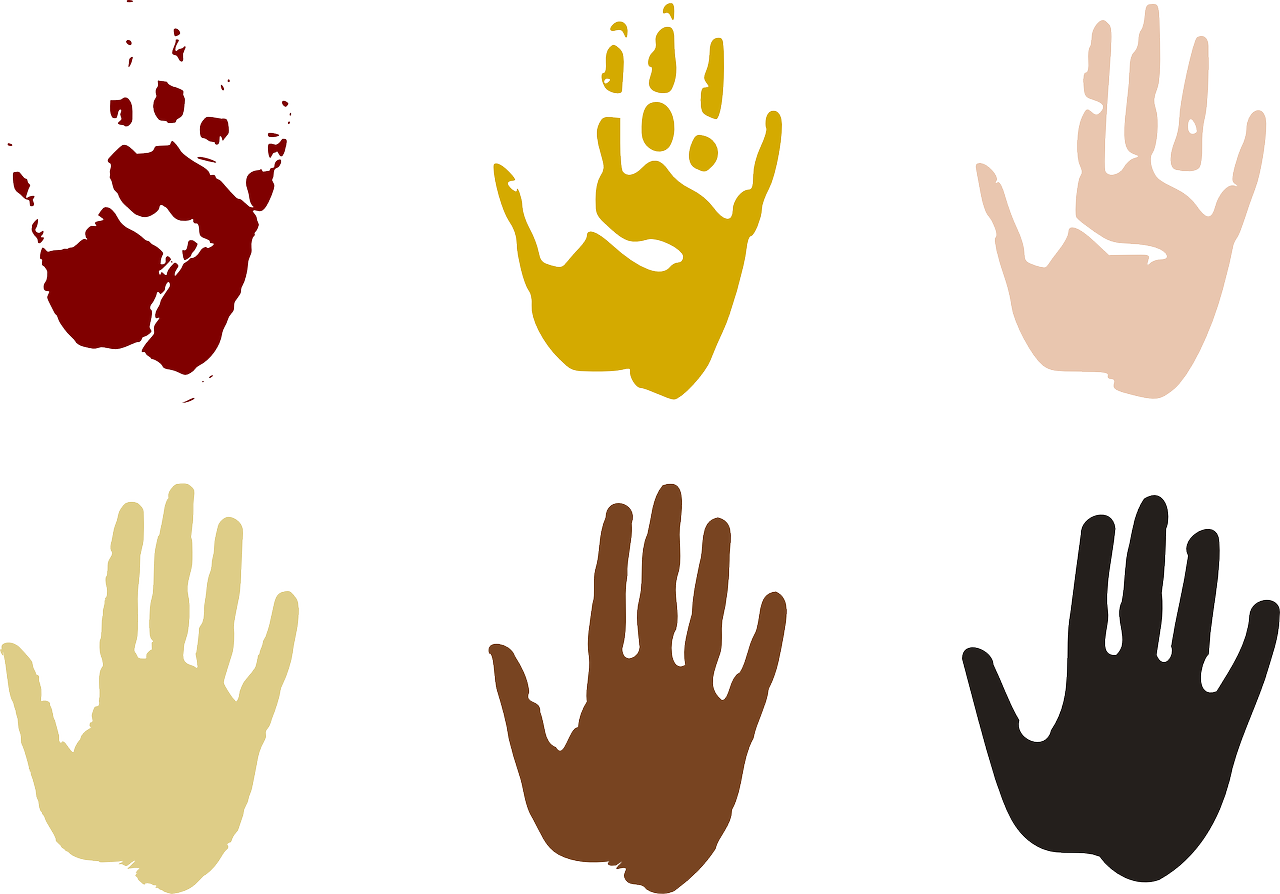 Six hands painted different colors.