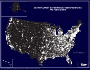 map showing more population in East and West coast.