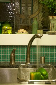 Photograph of a sink with vegetables in it and a faucet with running water pouring over them.
