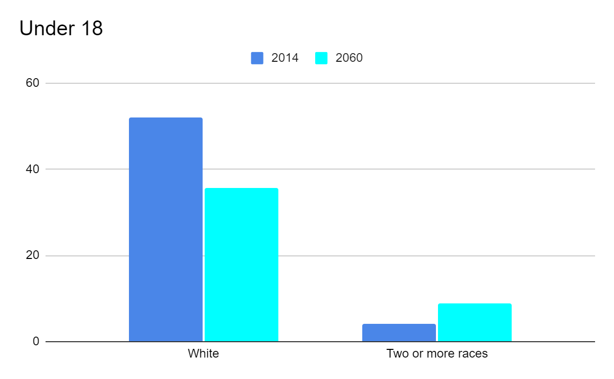 The chart shows that the percentage of the white only population is projected to decline by 2060 while the multiracial population (two or more races) is expected to increase, especially for the under 18 age group.  The largest increases of the multiracial population include individuals with one white parent, the largest group being biracial Black-white children.