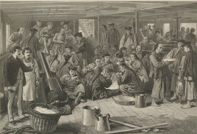 Émigration chinoise en Amérique : croquis à bord du bateau à vapeur Alaska, à destination de San Francisco.