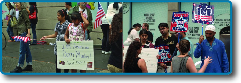People holding signs with messages such as "I am American-born Muslim!"
