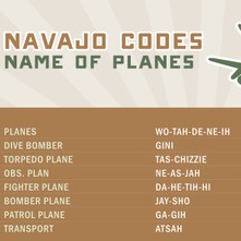 Sample code for Planes in Navajo Code: Planes, wo tah de ne ih, airforce: Dive Bomber Gini, Chicken Hawk: Torpedo Plane, Tas Chizzie, Swallow: Orbs Plan, ne as jah, owl: Fighter plane, de he tih hi, humming bird: Bomber Plane, jay sho, buzzard: Patrol Plane ga gih, crow: Transport atsah, eagle.