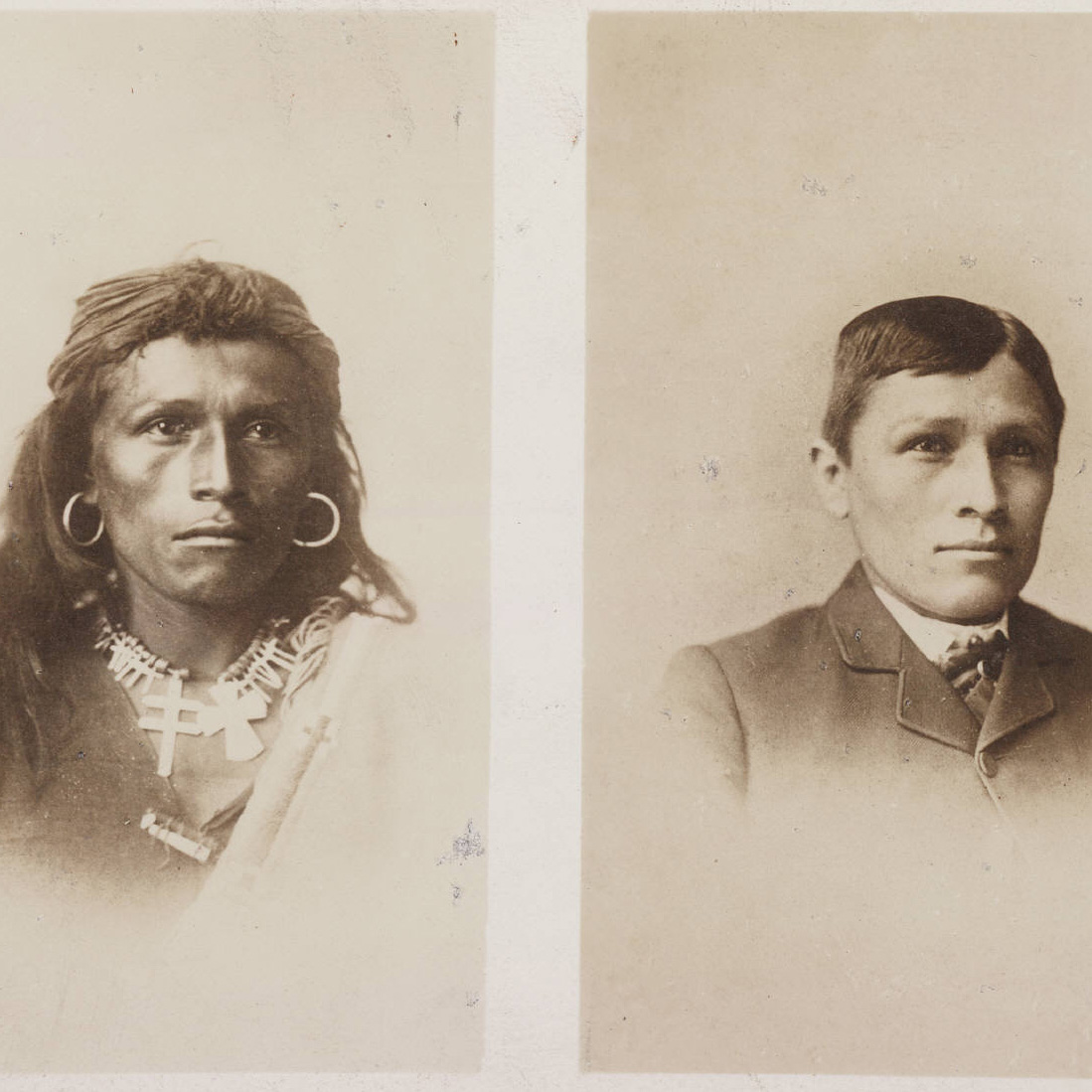 Two photos of TOm Torlino one in traditonal American Indian dress with long hair, the second in an American suit with a short cropped haircut