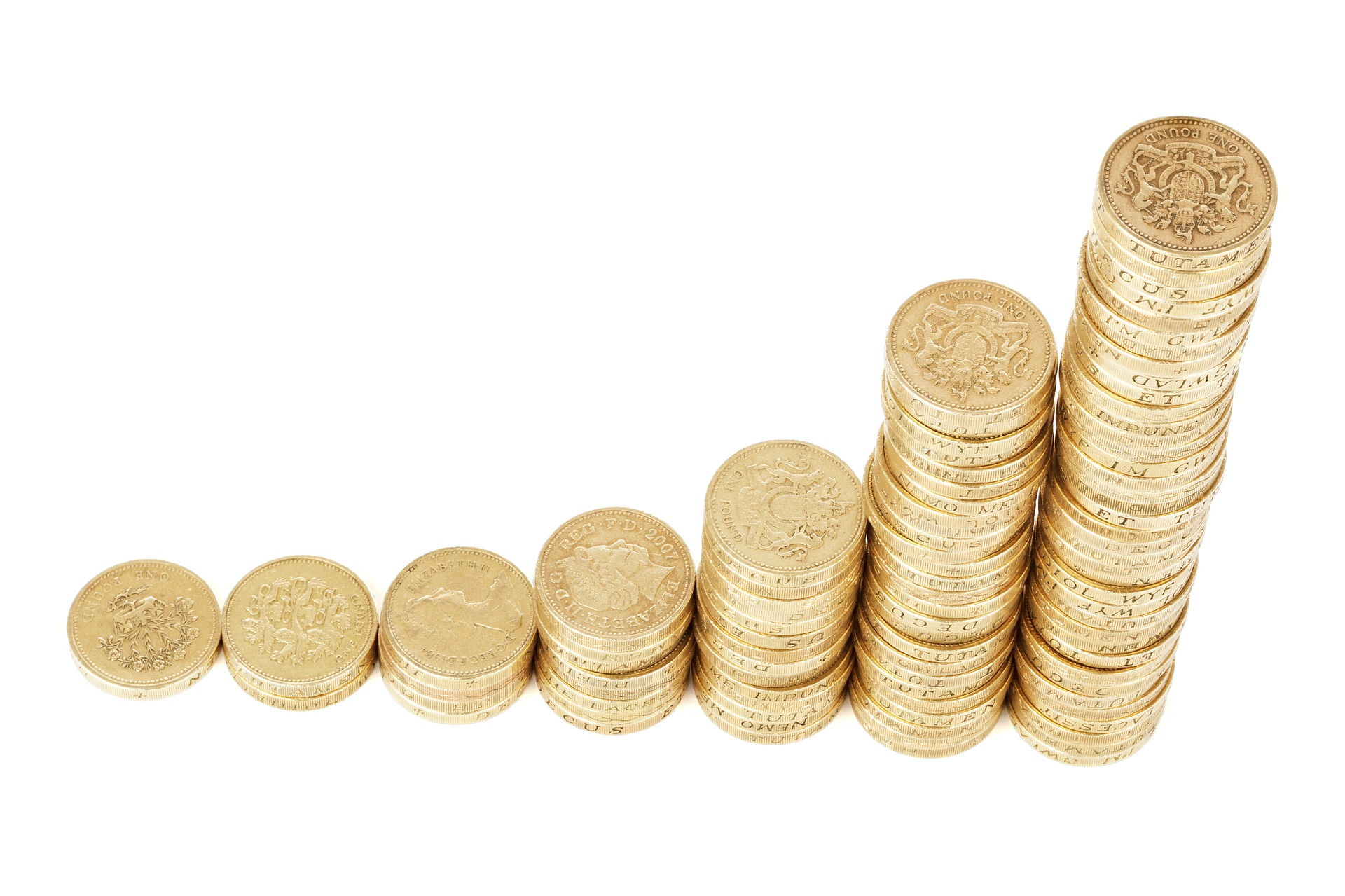 Stack of gold coins, lined up like a bar graph with just a few on the left side and a large sum on the right.