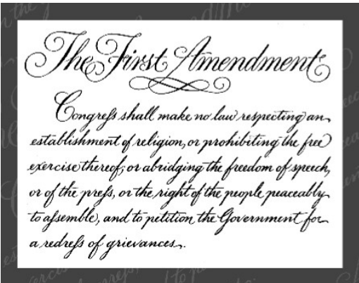 Decorative image of the First Amendment to the US Constitution written in script